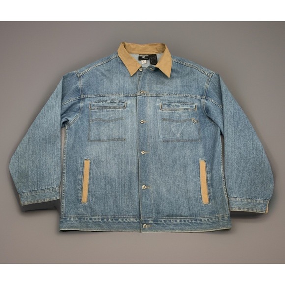 Vintage Rocawear Denim Jacket Mens XL Blue Jean Stone Wash Embroidered Suede Y2K